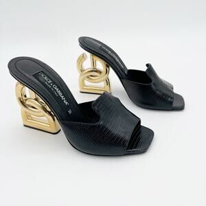 Dolce & Gabbana Keira Black Lizard Embossed Gold DG Sculpted Heel Mules IT 37
